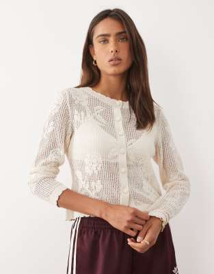 Asos Design Knit Sheer Lace Floral Cardigan In White