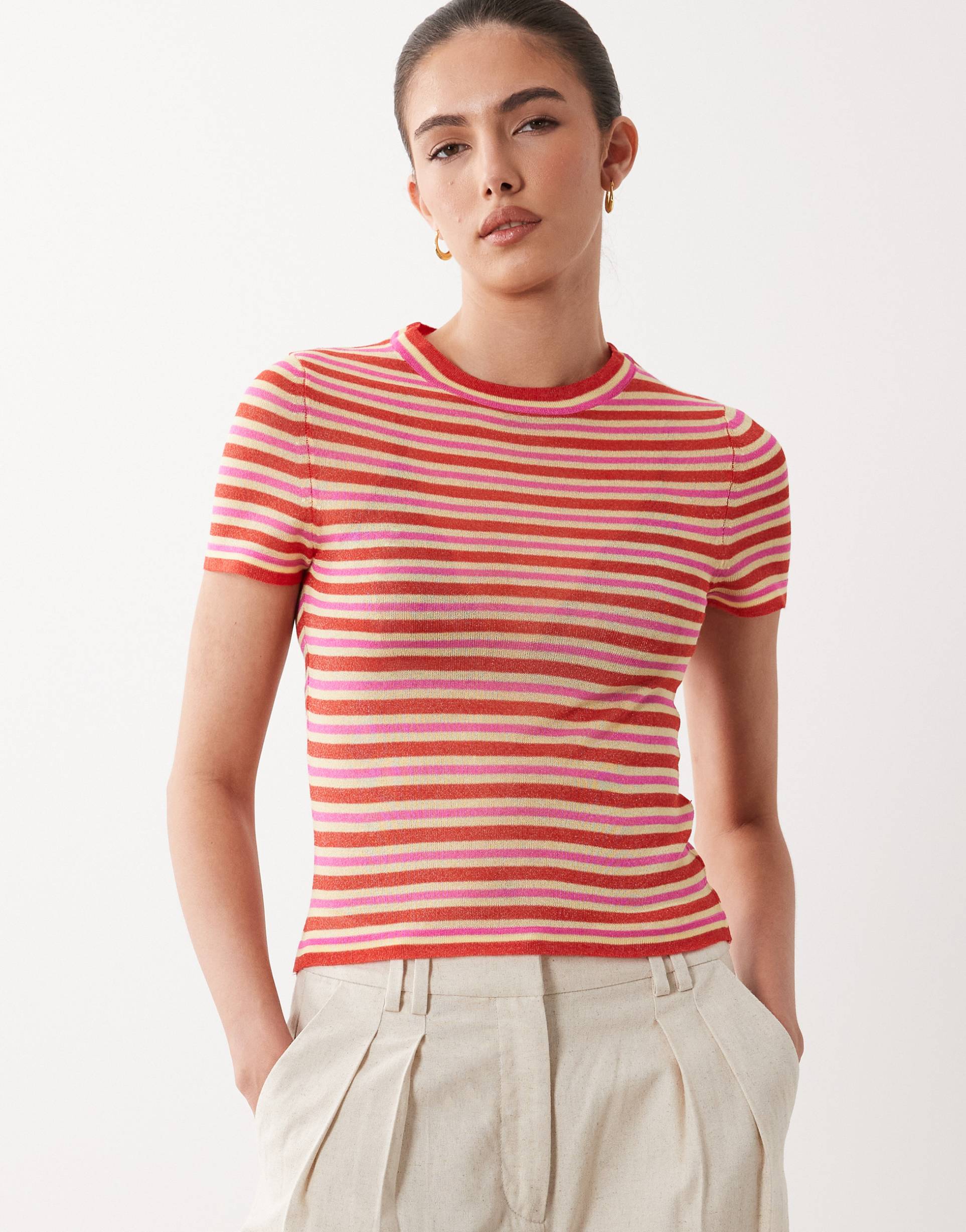 asos design knit sheer t-shirt in red stripe