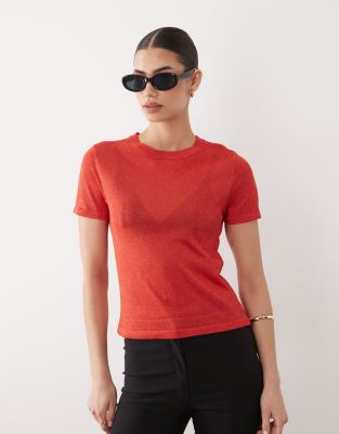 Asos Design Knitted Sheer T-shirt In Burgundy