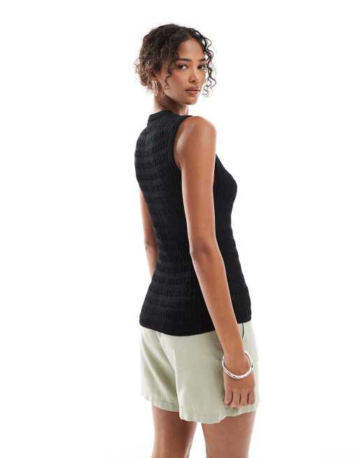 ASOS DESIGN knit shirred button up tank top in black, 3 of 4