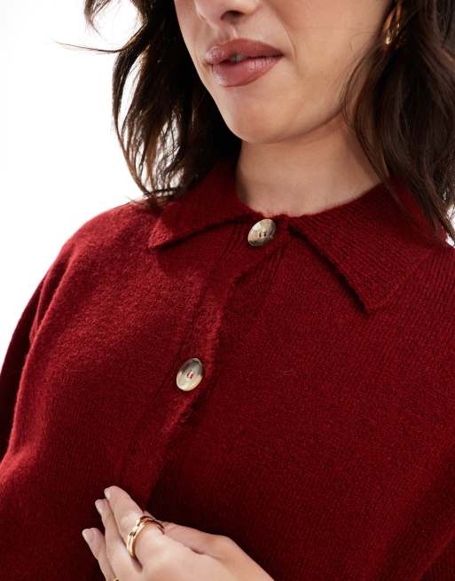 ASOS DESIGN knit shirt collar short sleeve cardigan in burgundy, 3 of 4