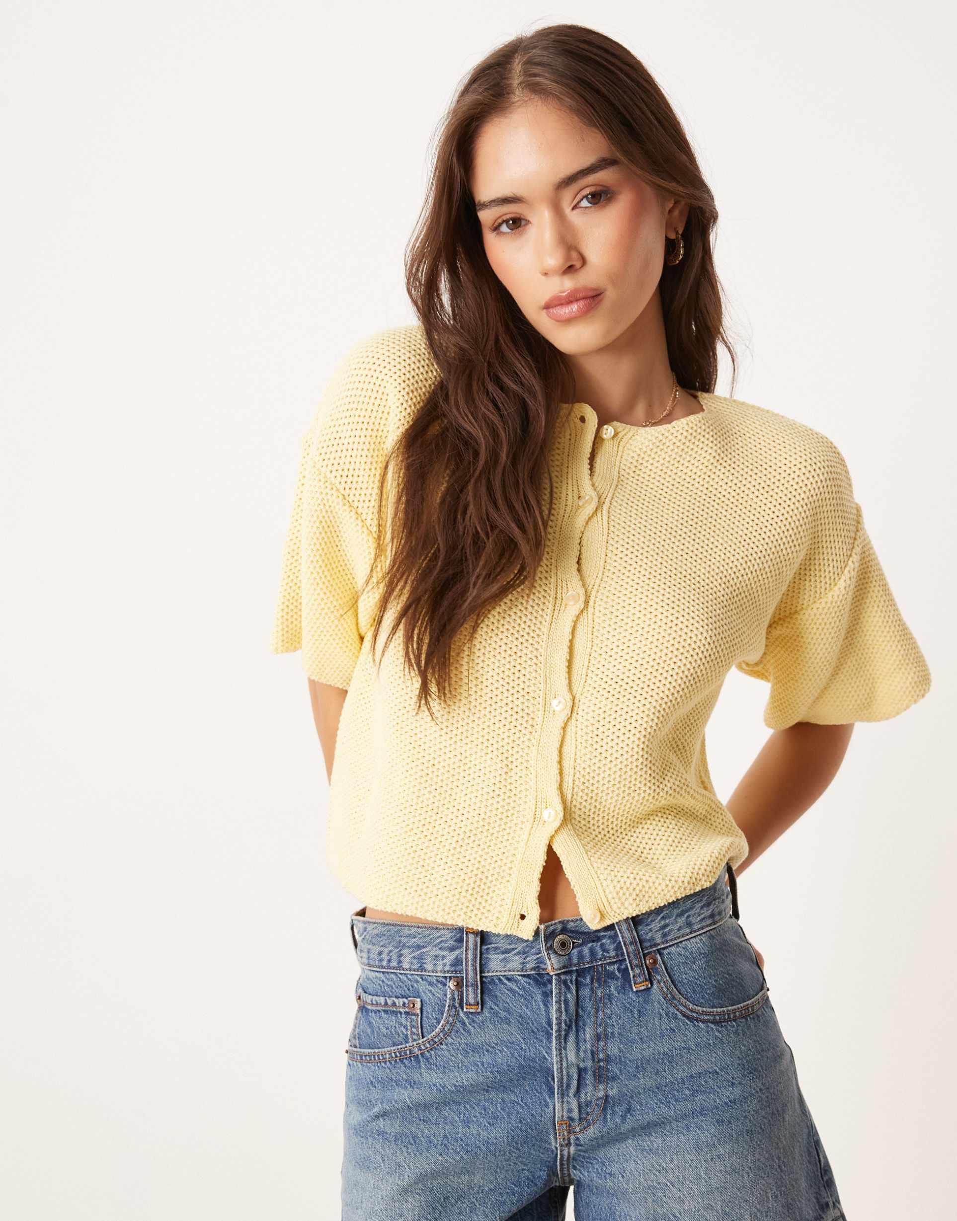 asos design knit short sleeve cardigan in buttermilk