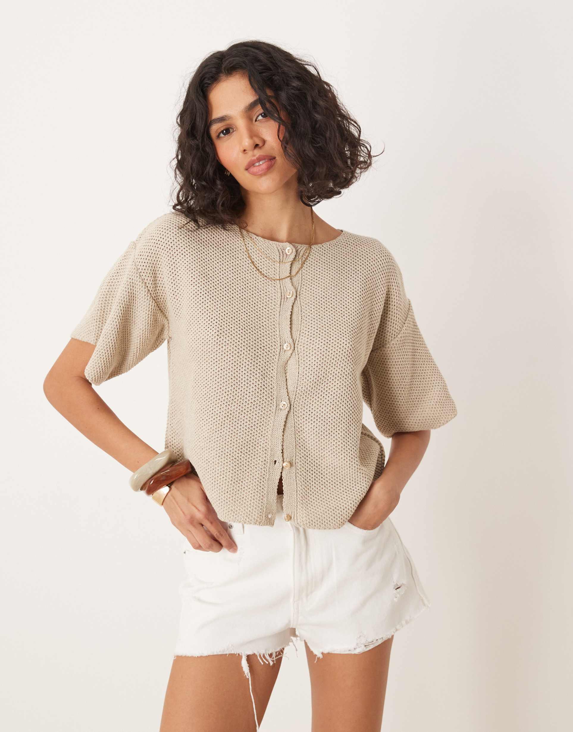 asos design knit short sleeve cardigan in oatmeal