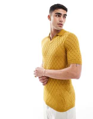 Asos Design Knit Short Sleeve Polo With Diamond Texture In Mustard-yellow