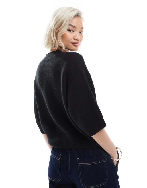 ASOS DESIGN knit short sleeve ribbed cardigan in black