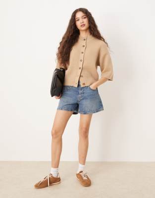 Asos Design Knit Short Sleeve Ribbed Cardigan In Neutral