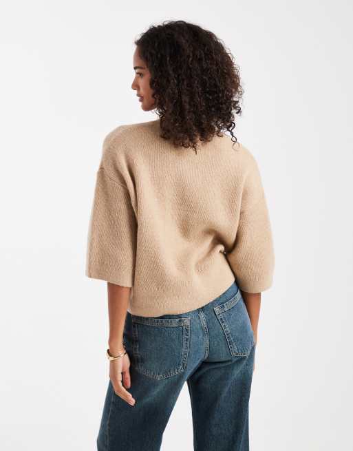 ASOS DESIGN knit short sleeve ribbed cardigan in stone