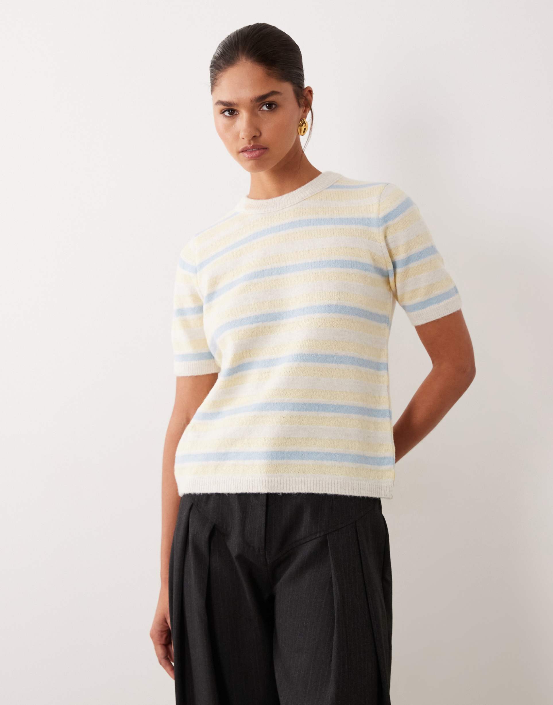 asos design knit short sleeve sweater in buttermilk stripes