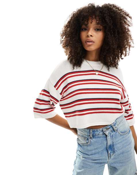 ASOS DESIGN knit short sleeve sweater in red stripe - view 1
