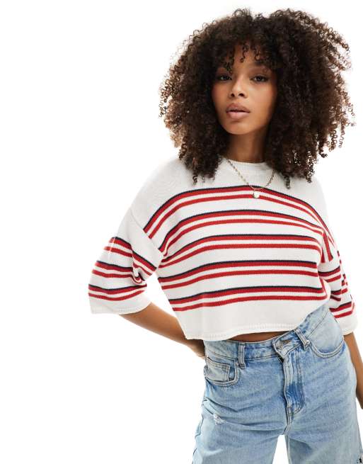 ASOS DESIGN knit short sleeve sweater in red stripe