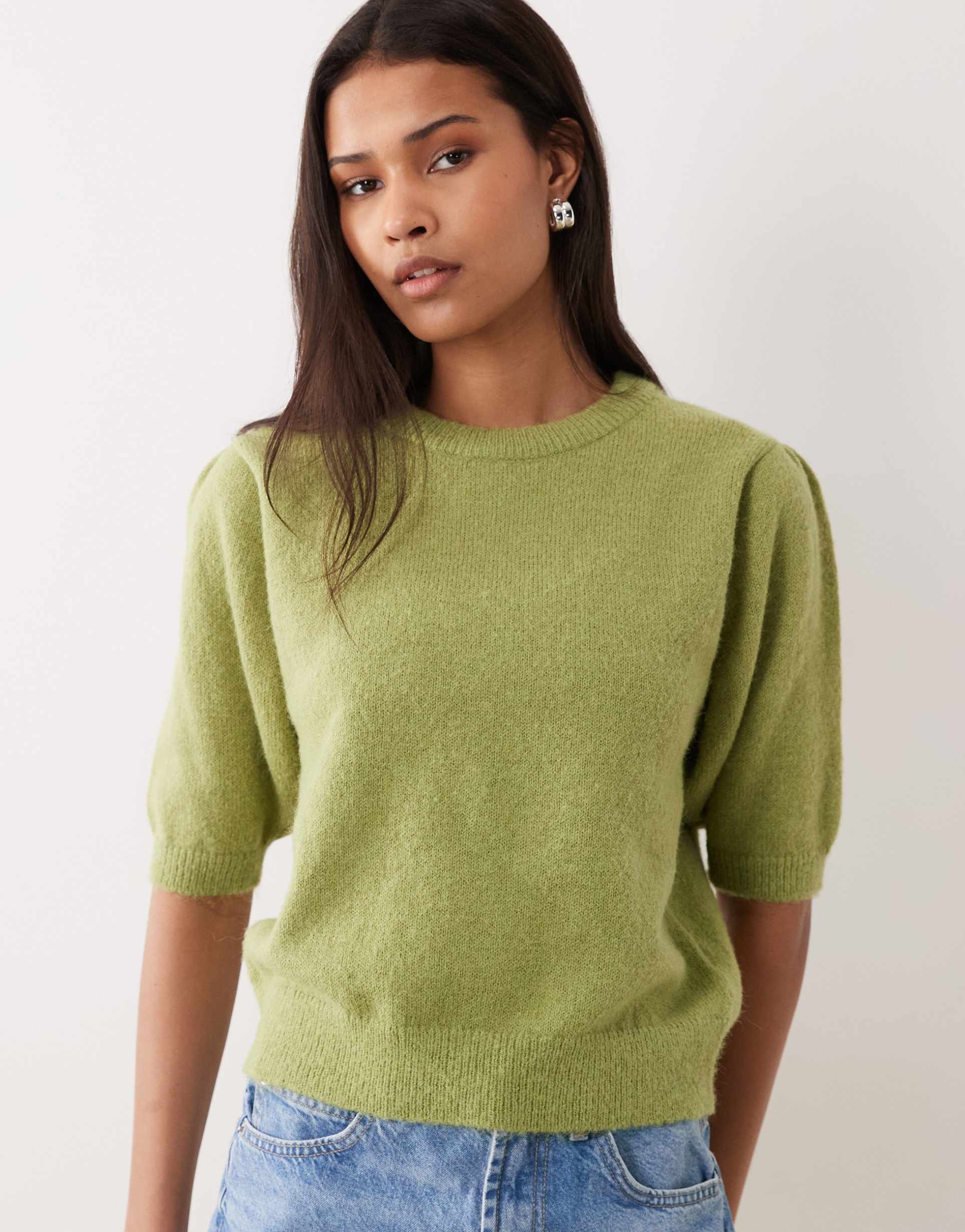 asos design knit short sleeve waisted t-shirt in pistachio