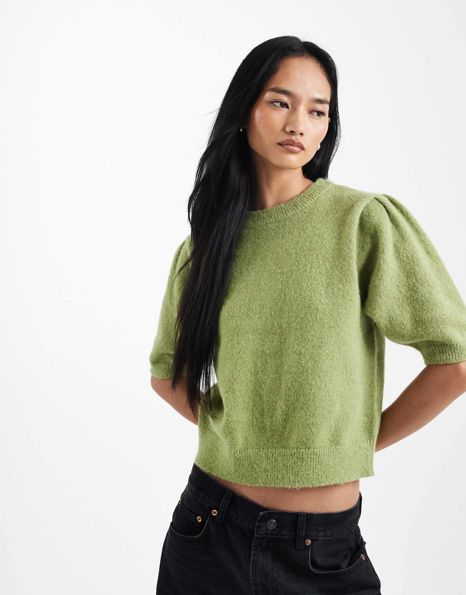 asos design knit short sleeve waisted top in pistachio