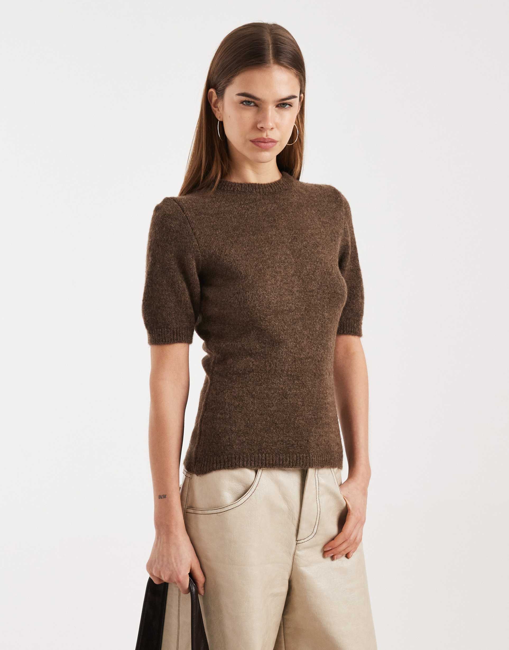 asos design knit shrunken sweater in brown