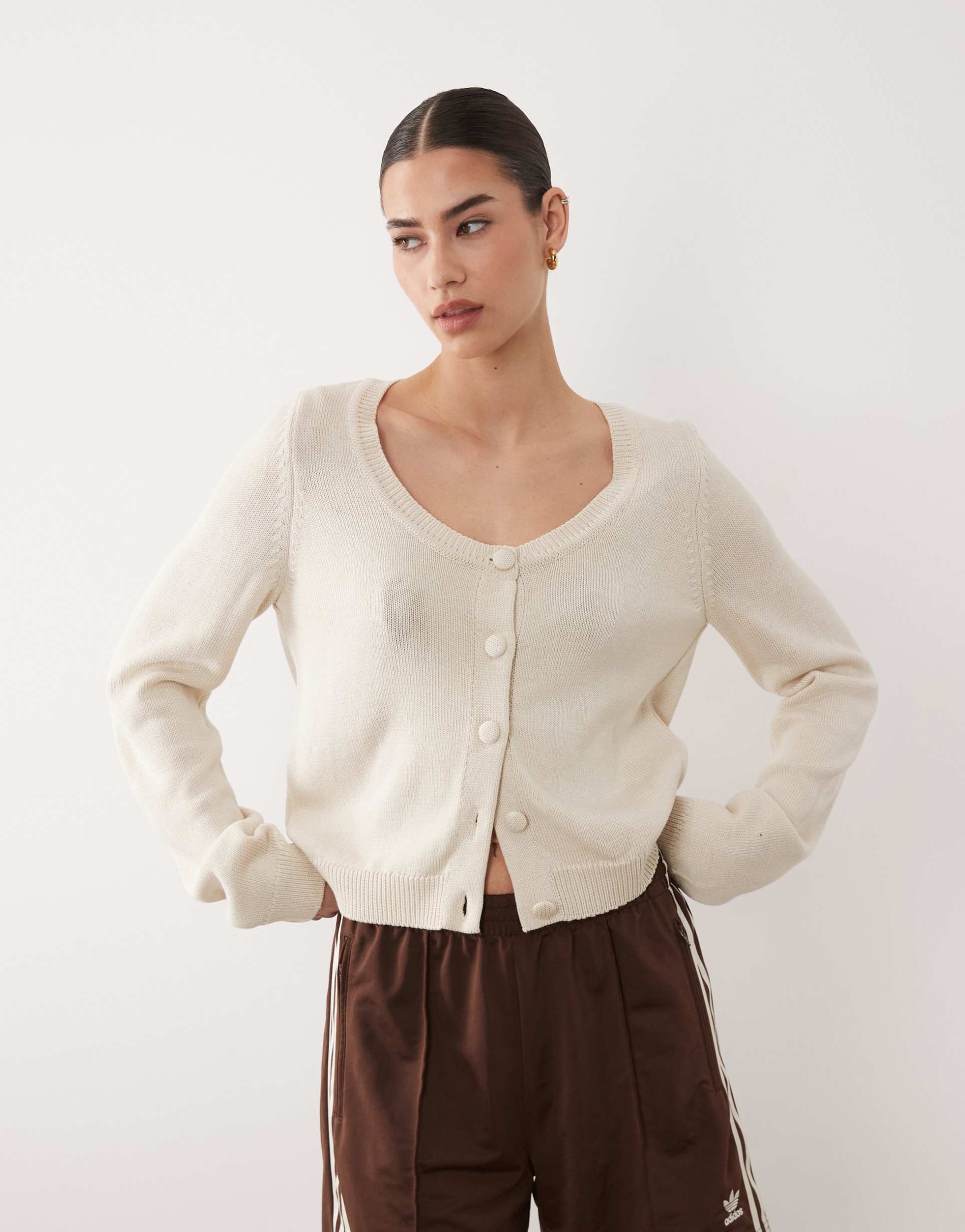 asos design knit slash neck cardigan in ecru