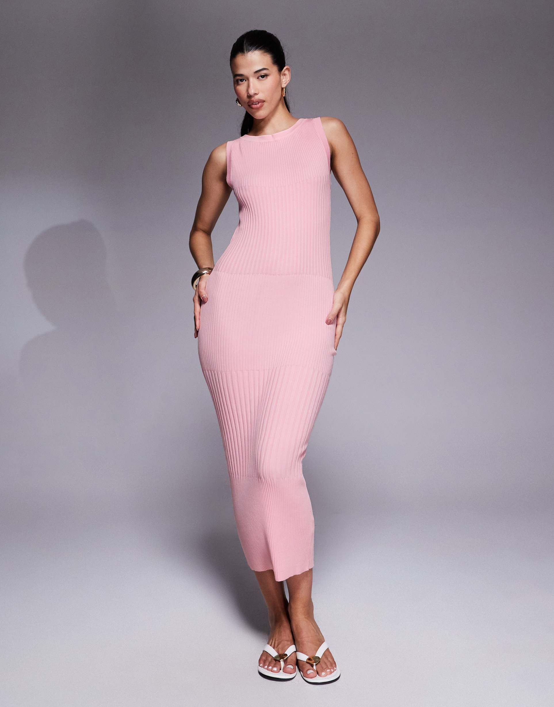 asos design knit slash neck midaxi dress in wide rib in pink