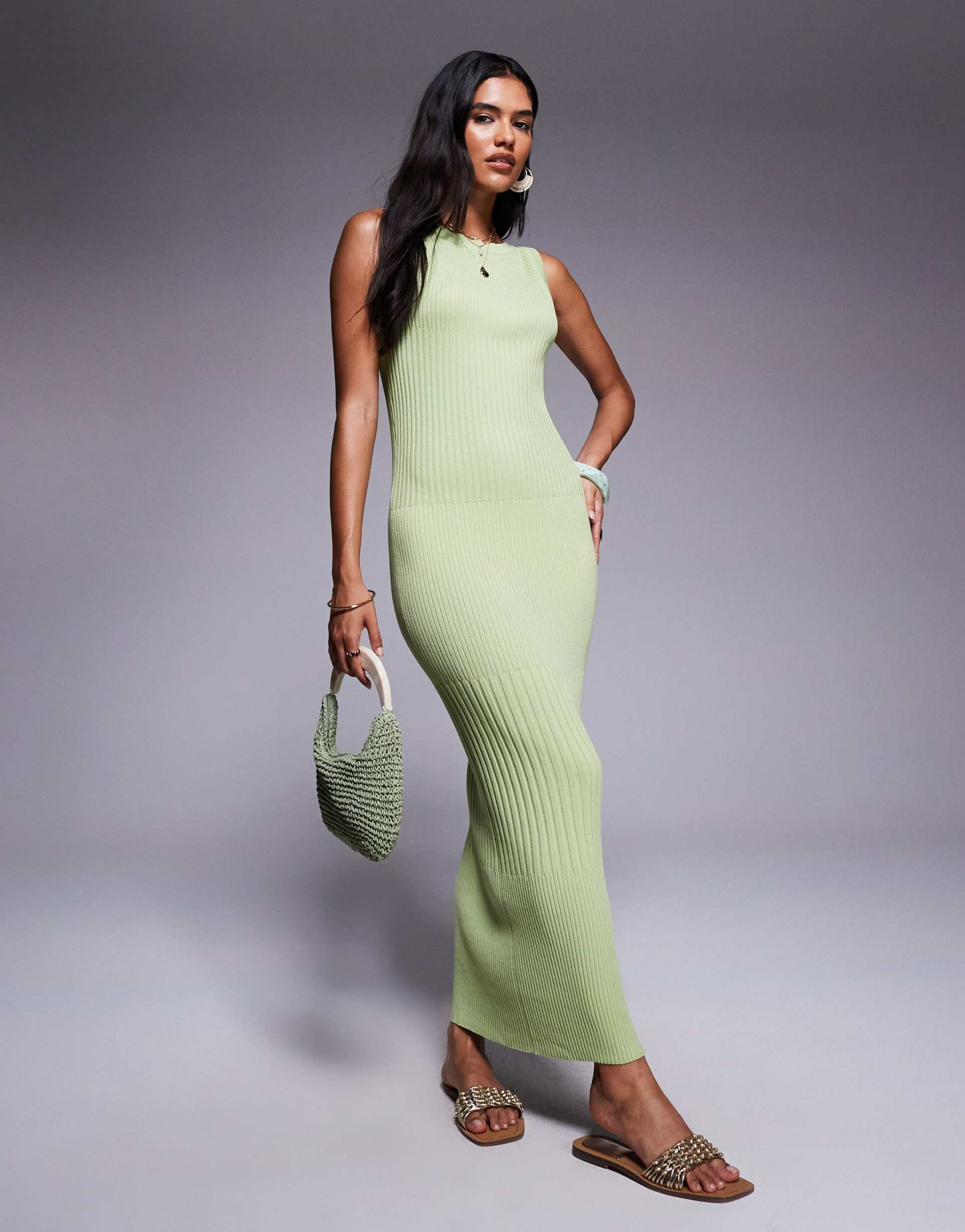 asos design knit slash neck midaxi dress in wide rib in pistachio