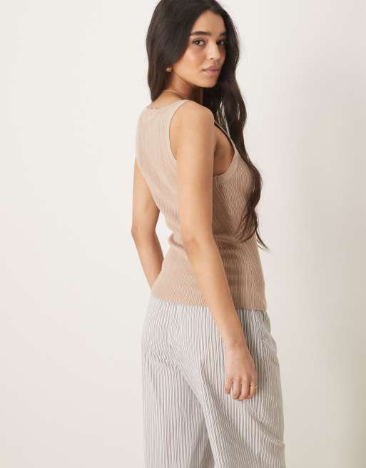 ASOS DESIGN knit slash neck ribbed cami top in taupe, 4 of 4