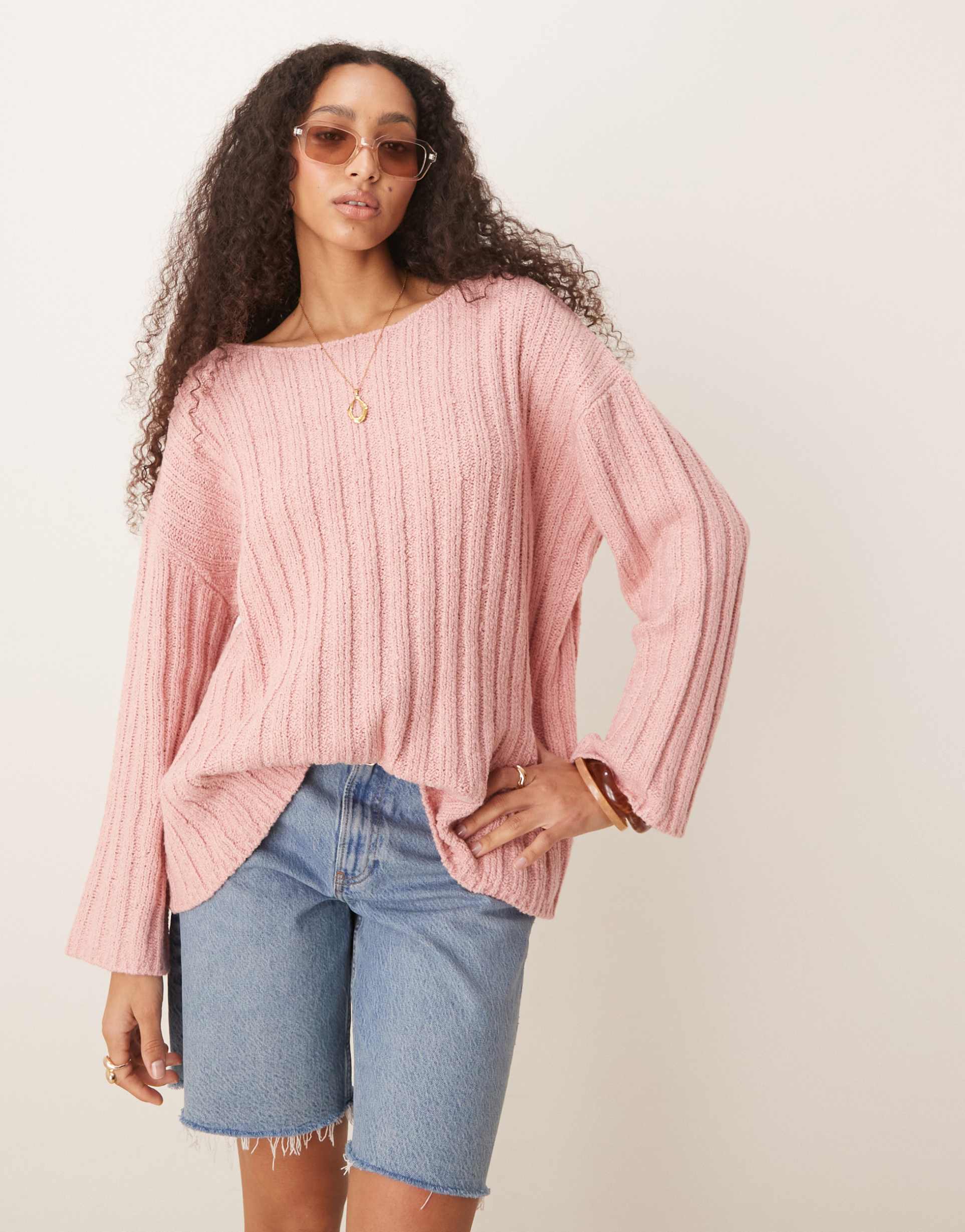 asos design knit slash neck textured ribbed sweater in pink
