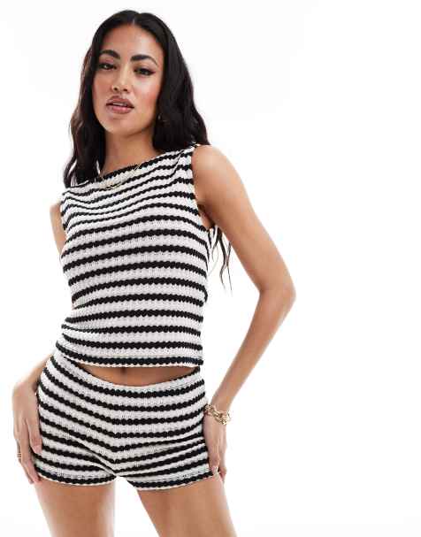 ASOS DESIGN knit slash neck top in black stripe - part of a set - view 1