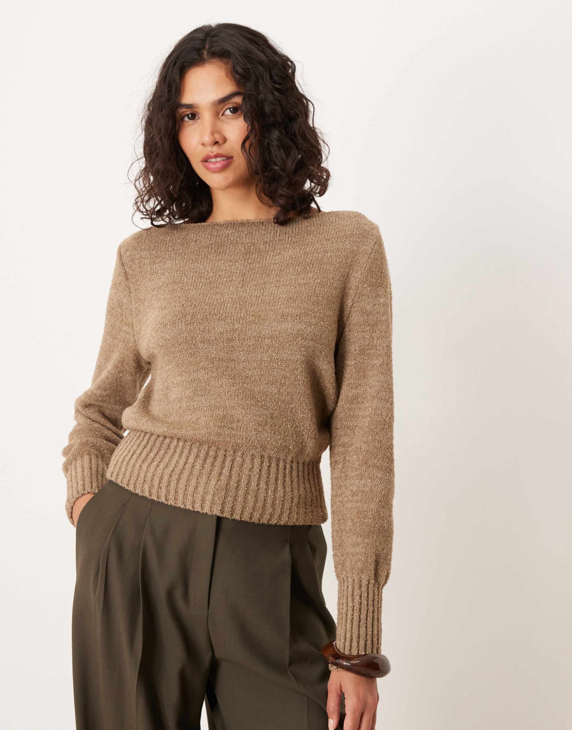 asos design knit slash neck waisted sweater in mocha