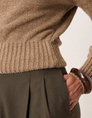 Asos Design Knit Slash Neck Waisted Sweater In Brown