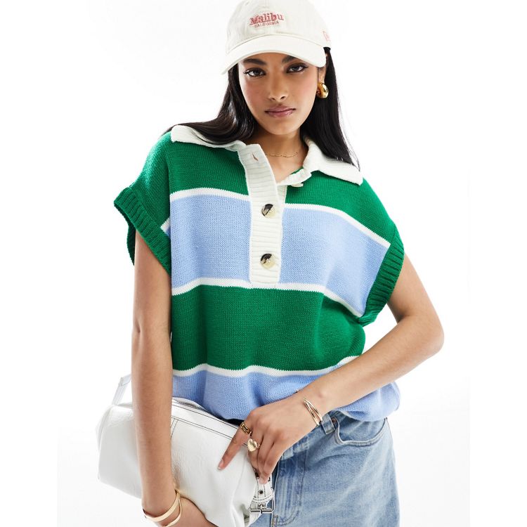ASOS DESIGN knit sleeveless rugby shirt with collar in multi stripe