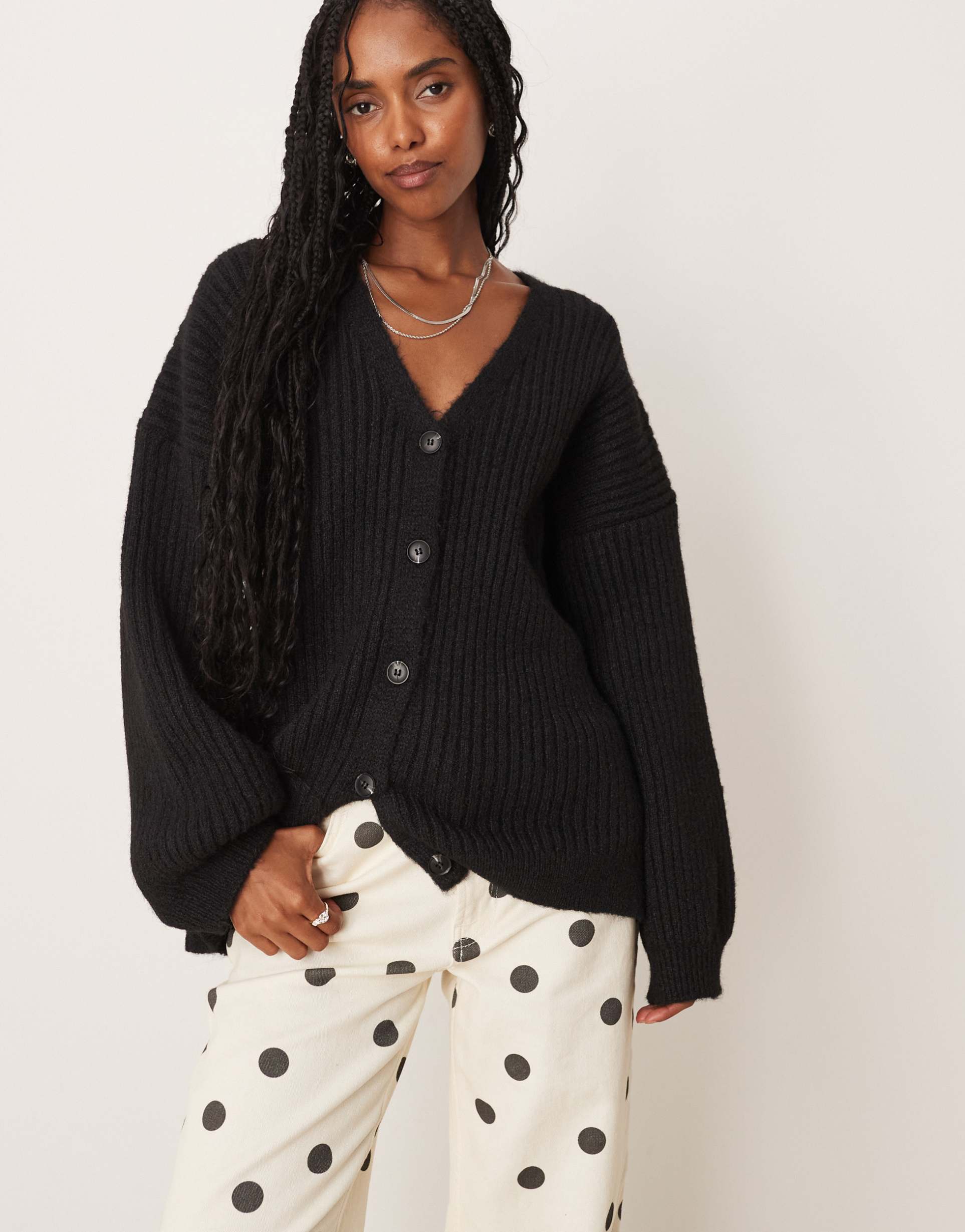 asos design knit slouchy cardigan with chunky rib with wool in black