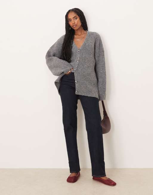 ASOS DESIGN knit slouchy cardigan with chunky rib with wool in charcoal