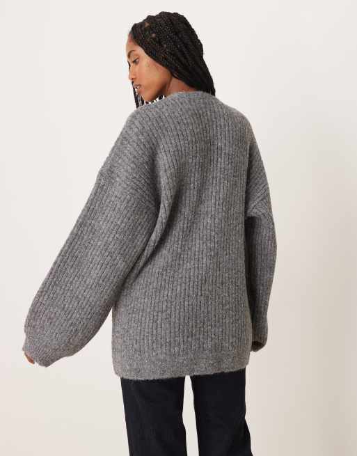 ASOS DESIGN knit slouchy cardigan with chunky rib with wool in charcoal, 3 of 4