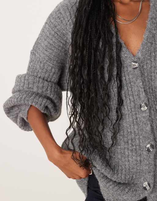 ASOS DESIGN knit slouchy cardigan with chunky rib with wool in charcoal