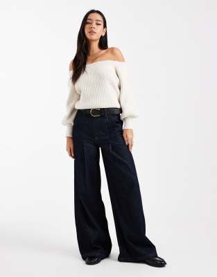 Asos Design Knit Slouchy Off The Shoulder Sweater In White