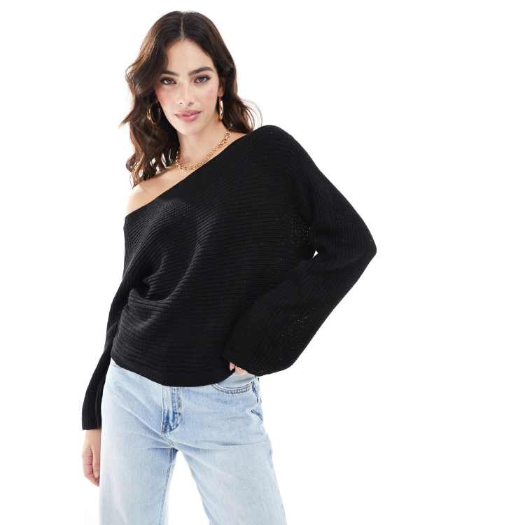 ASOS Design Knit Slouchy One Shoulder Sweater in Red Black