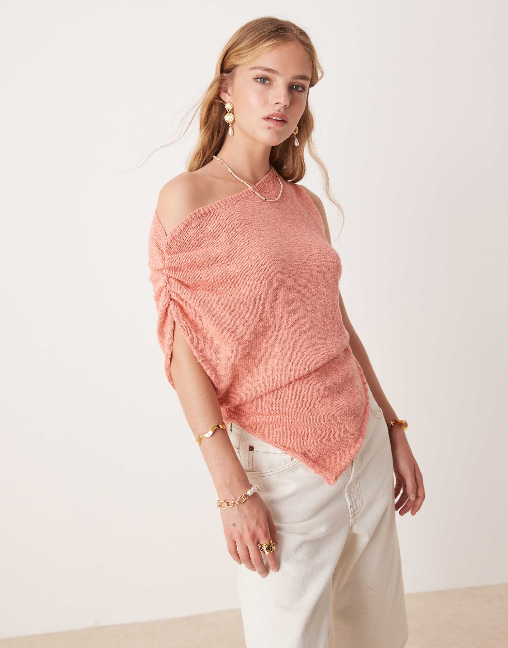 asos design knit slub one shoulder drape top with asymmetric hem in coral
