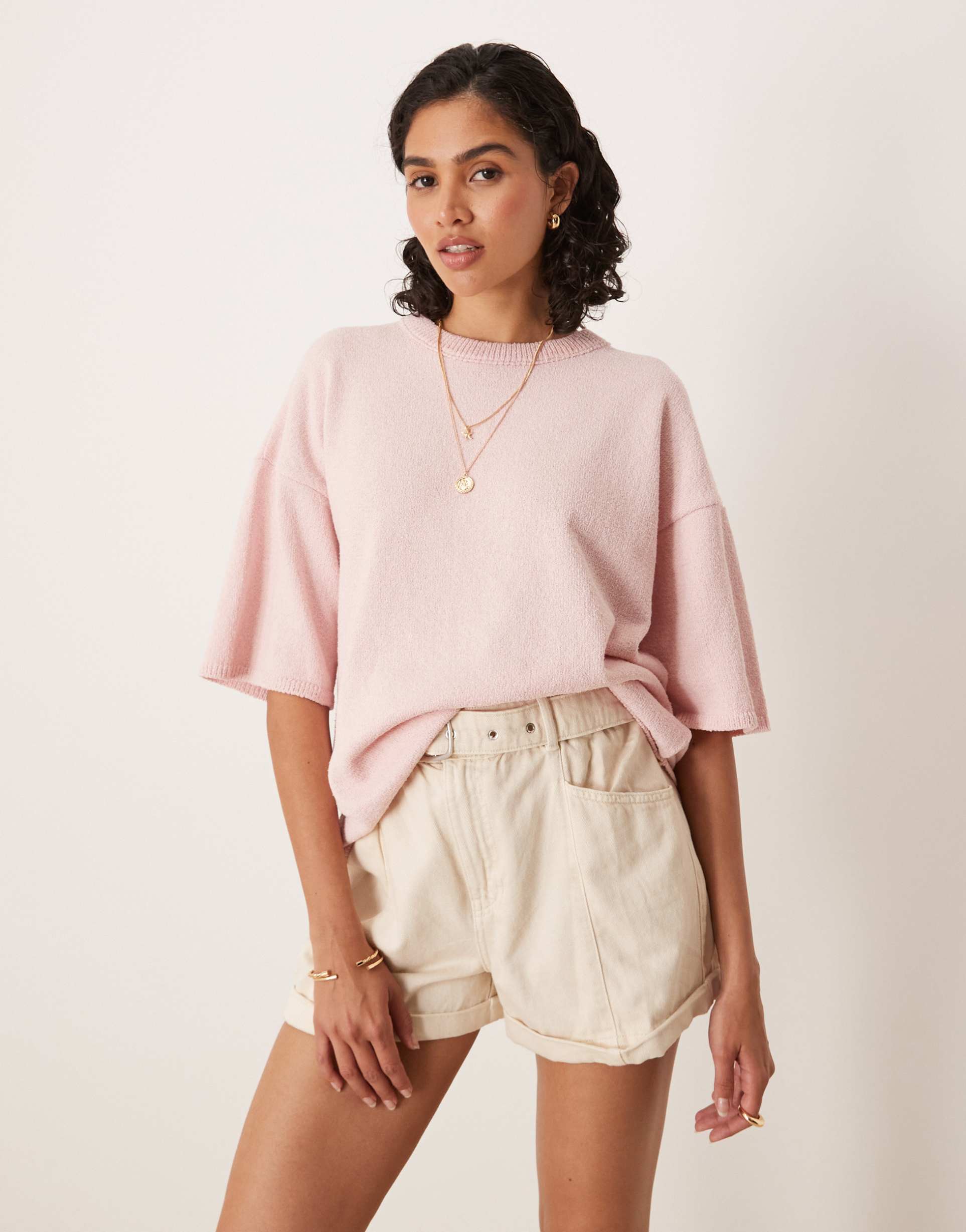 asos design knit slub relaxed t-shirt in pink