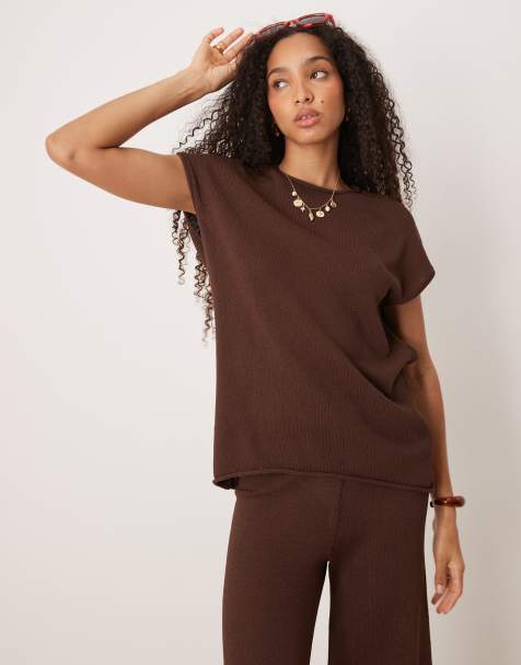 ASOS DESIGN knit slub t-shirt in chocolate - part of a set - view 1