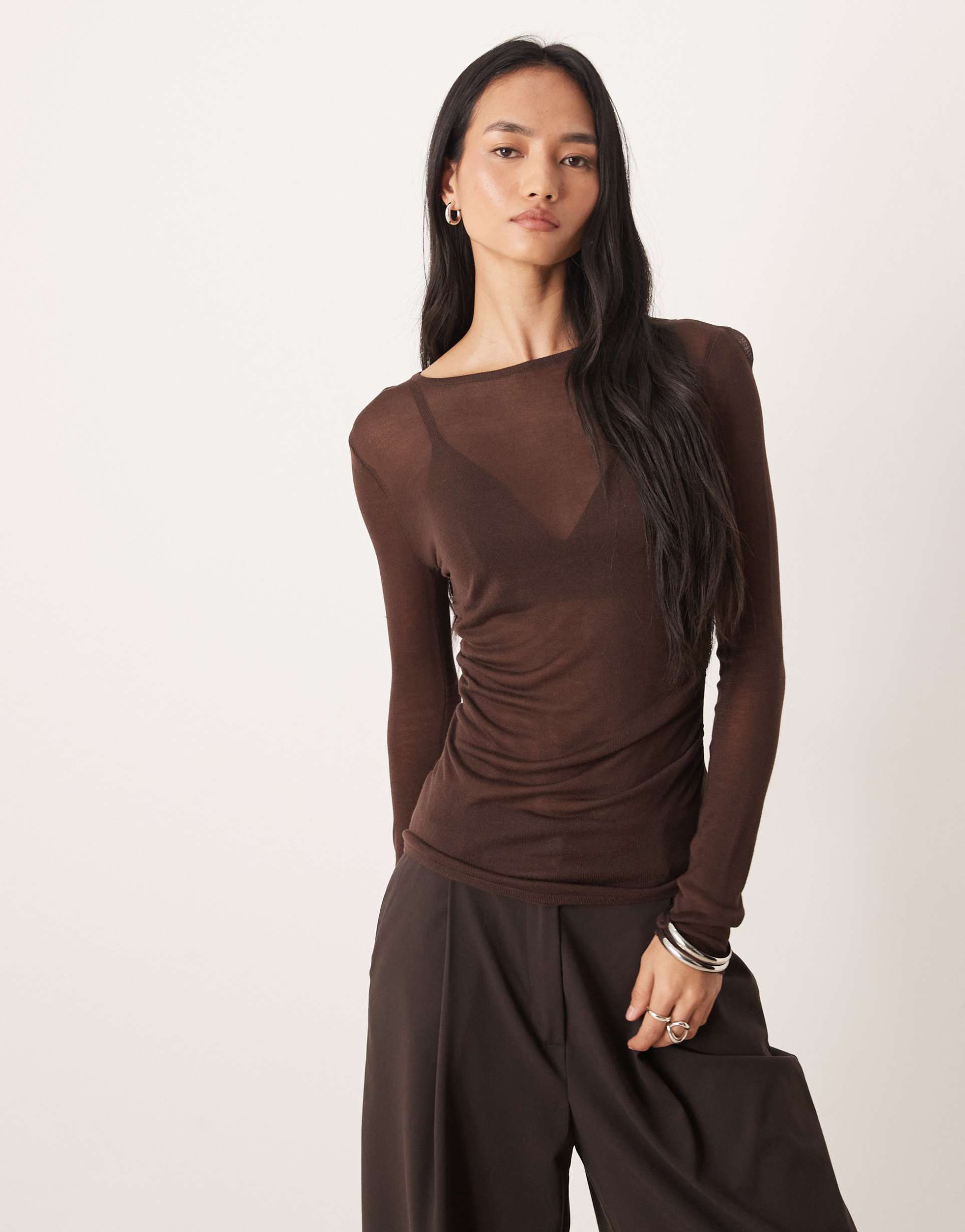 asos design knit soft touch ruched side top in chocolate