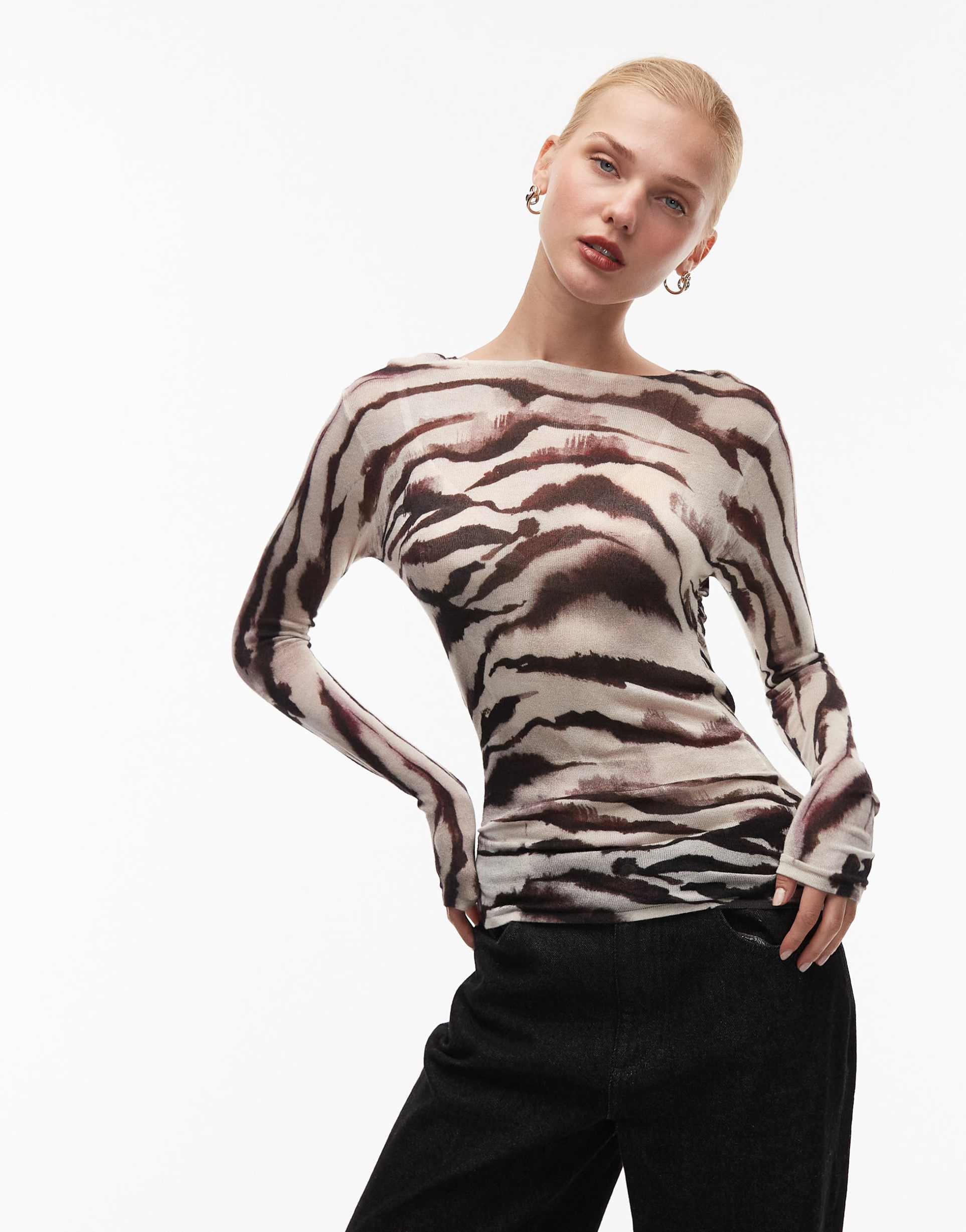 asos design knit soft touch ruched side top in mono print