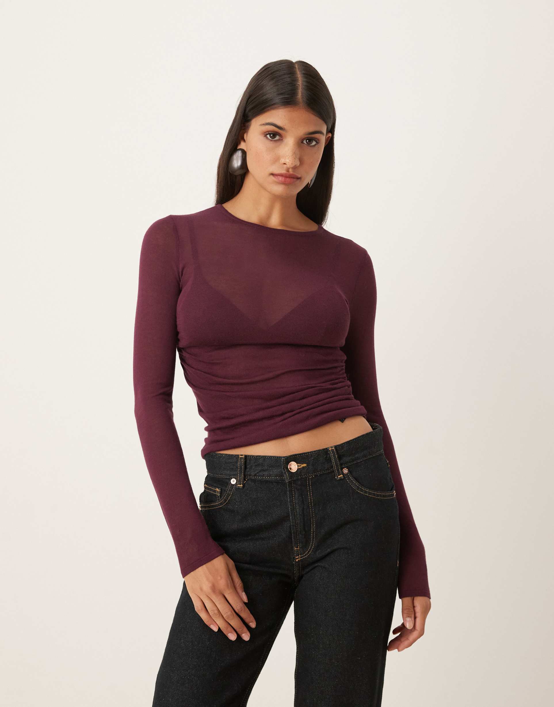 asos design knit soft touch ruched side top in plum