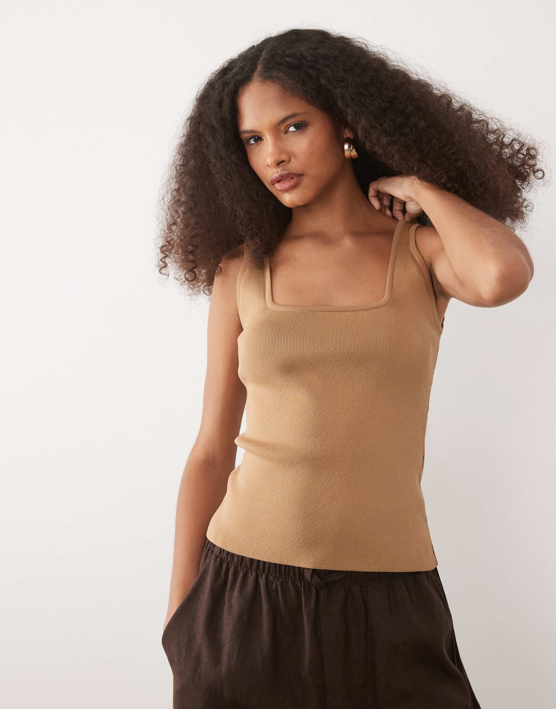 asos design knit square neck cami top in mocha