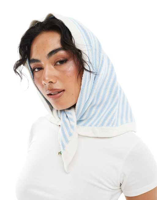 ASOS DESIGN knitted square neck head scarf in blue stripe
