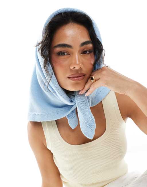 ASOS DESIGN knitted square neck head scarf in light blue
