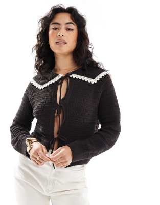 Asos Design Knit Stitch Detail Tie Front Cardigan With Collar Detail