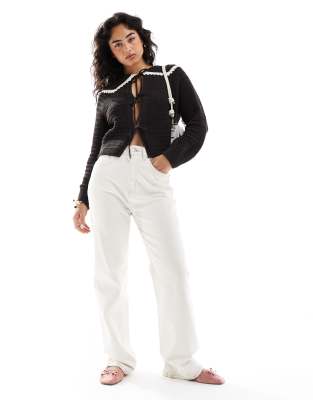 Asos Design Knit Stitch Detail Tie Front Cardigan With Collar Detail