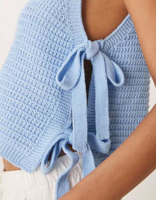 ASOS DESIGN knit stitch detail tie side tank top in blue