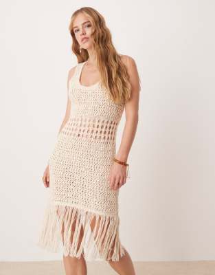 Asos Design Knit Stitch Mini Dress With Fringe Detail