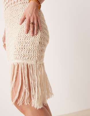 Asos Design Knit Stitch Mini Dress With Fringe Detail In Neutral