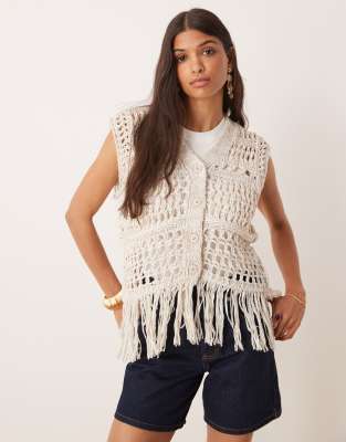 Asos Design Knit Stitch Mix Fringed Multiply Button Front Tank In White