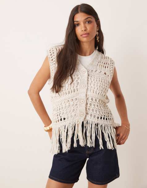 ASOS DESIGN knit stitch mix fringed multiply button front tank in stone - view 1