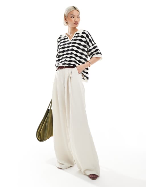 ASOS DESIGN knit stitch relaxed polo top in black and white stripe, 2 of 4