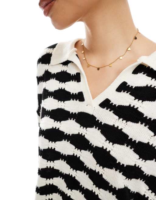 ASOS DESIGN knit stitch relaxed polo top in black and white stripe, 3 of 4